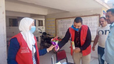 Photo of ممرض وممرضة يتبادلان الورود داخل لجنة انتخابية بنجع حمادي